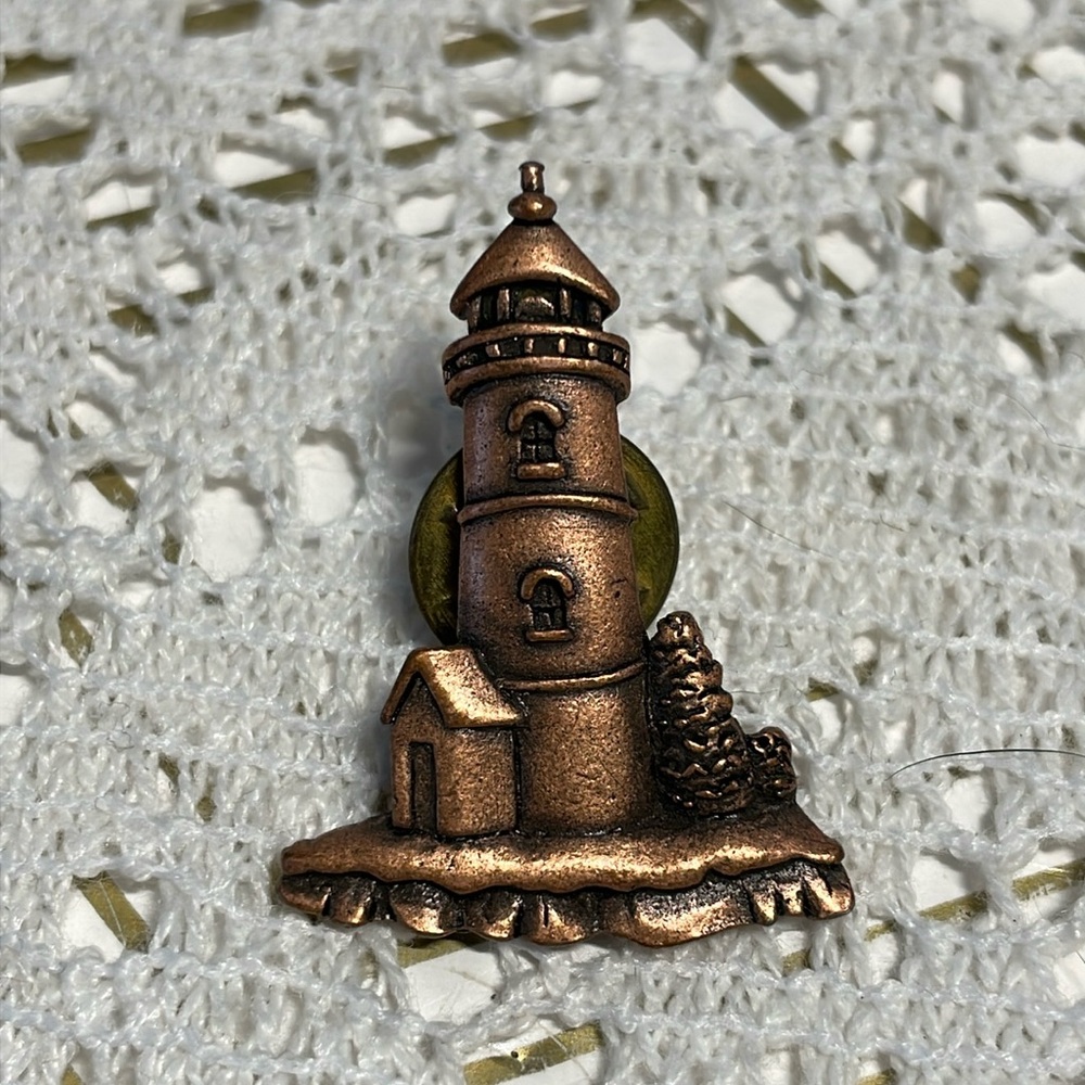 Vintage JJ Jonette Jewelry Lighthouse Bronze Tone Metal Lapel Tie Pin
